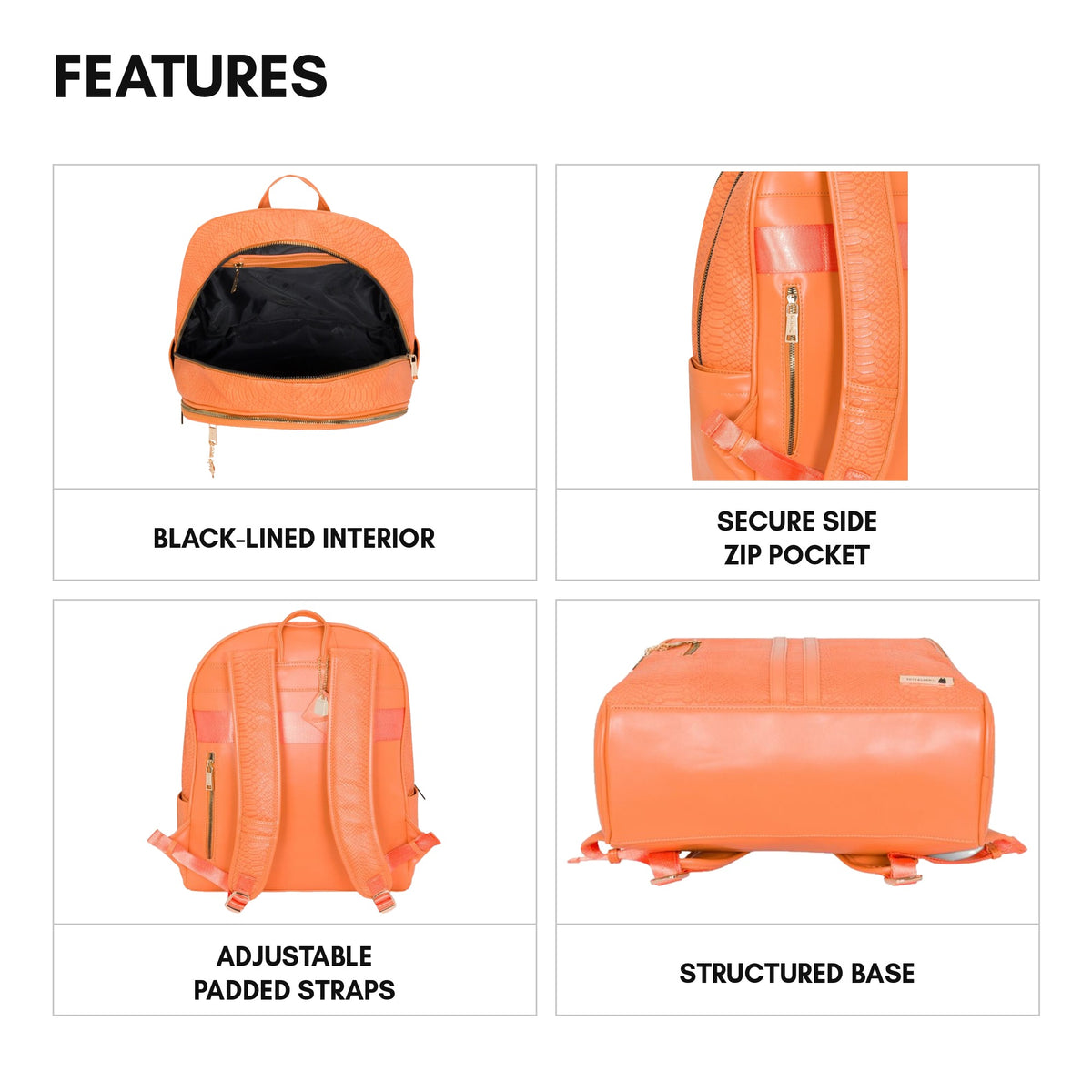 Signature Traveler Backpack in Sunset Orange - features: black-lined interior, secure side zip pocket, adjustable padded straps, structured base