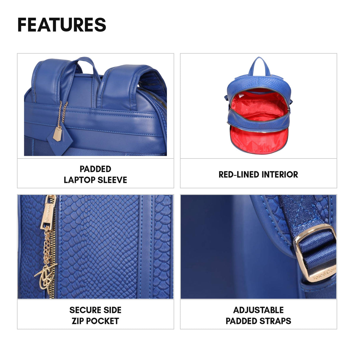 Signature Traveler Backpack in Royal Blue - features: padded laptop sleeve, red-lined interior, secure side zip pocket, adjustable padded straps