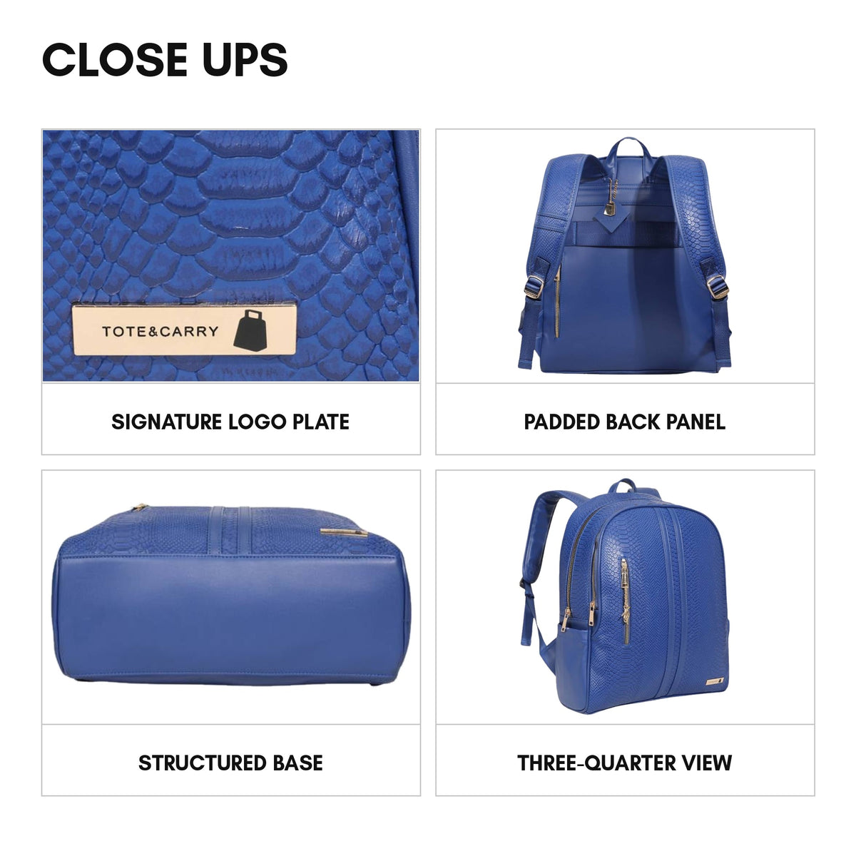 Signature Traveler Backpack in Royal Blue - close ups: signature logo plate, padded back panel, structured base, three-quarter view