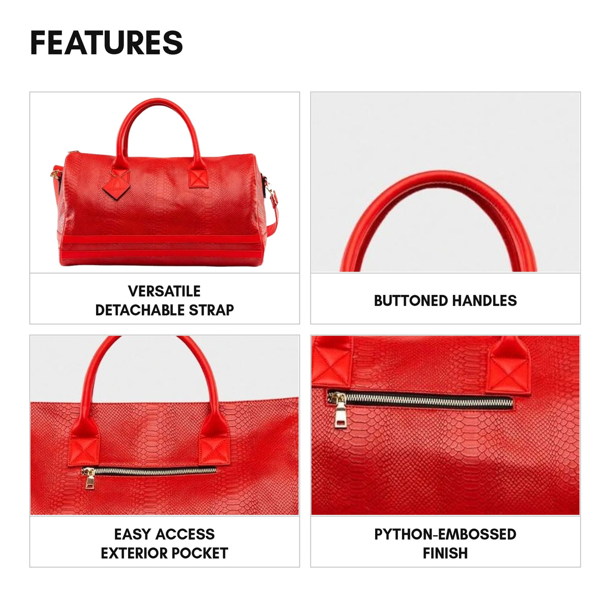 Signature Weekender Duffle Bag in Red - features: detachable strap, buttoned handles, easy-access exterior pocket and a python-embossed finish