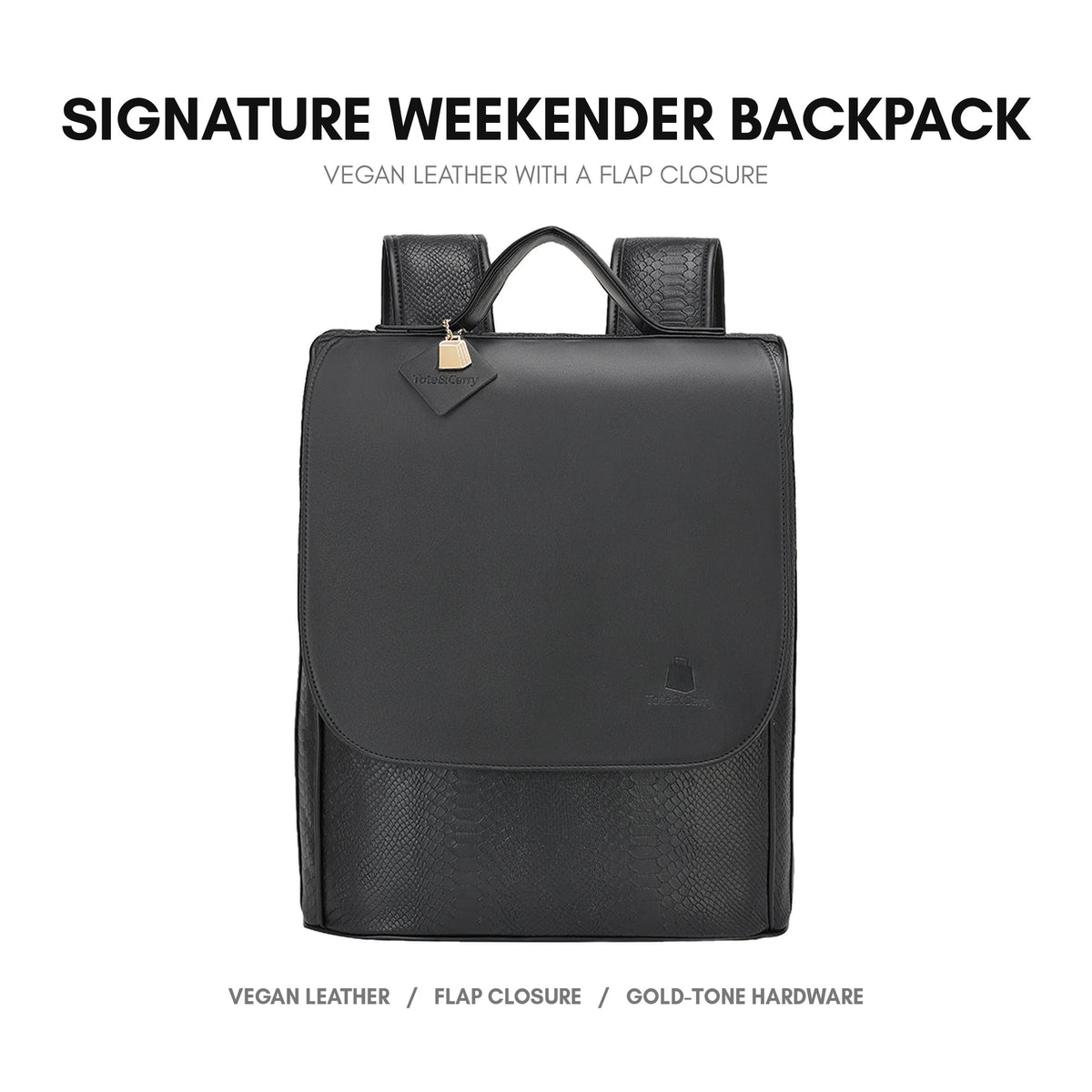 Signature Weekender Backpack in Black - premium vegan leather, flap-over closure, adjustable padded straps
