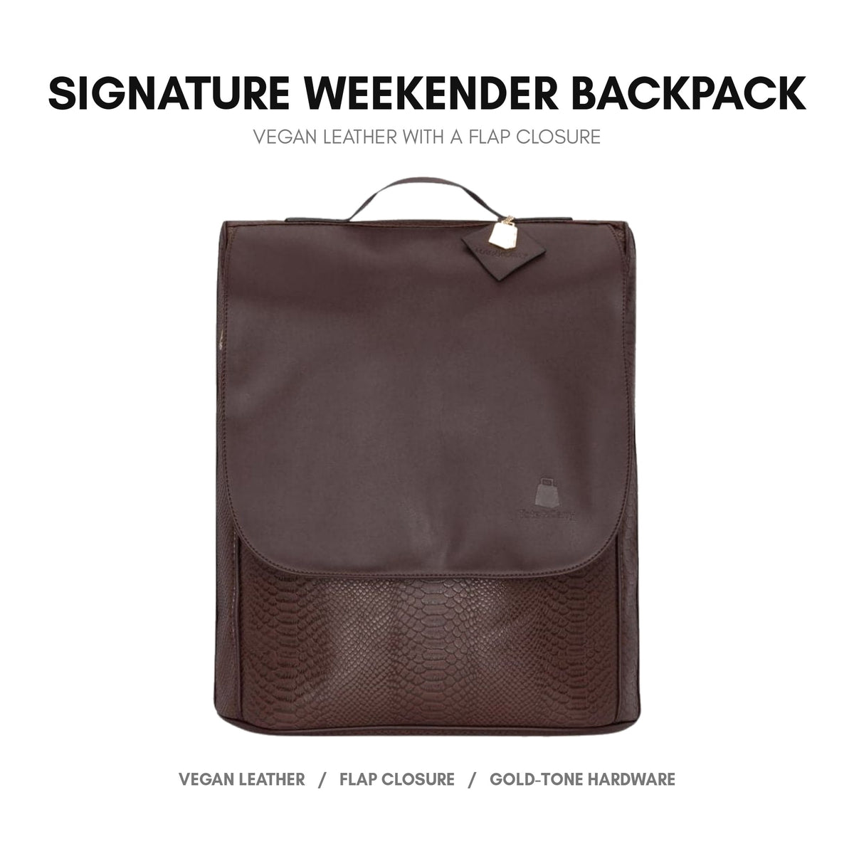 Signature Weekender Backpack in Chocolate - premium vegan leather, flap-over closure, adjustable padded straps