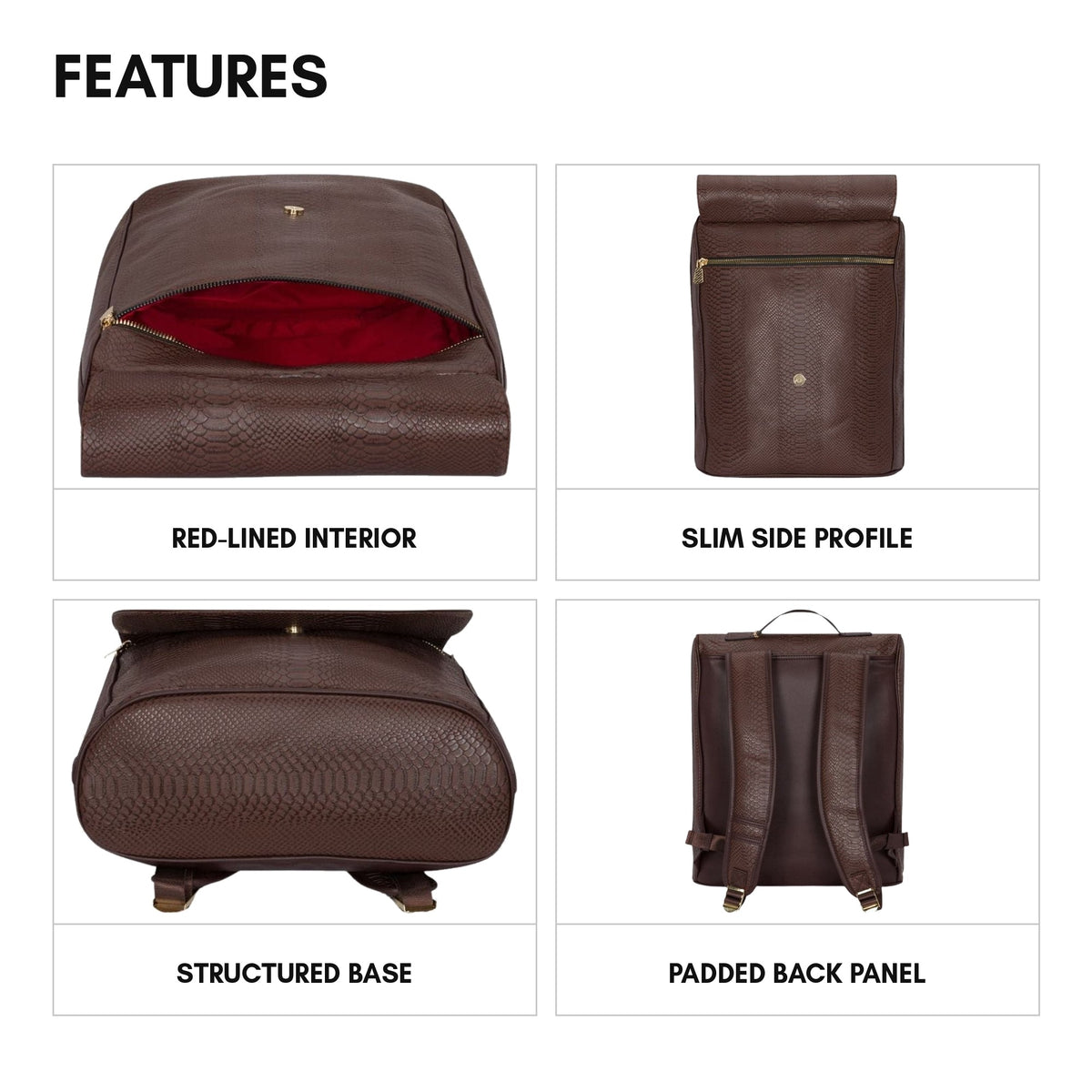 Signature Weekender Backpack in Chocolate - features: red-lined interior, slim side profile, structured base, padded back panel