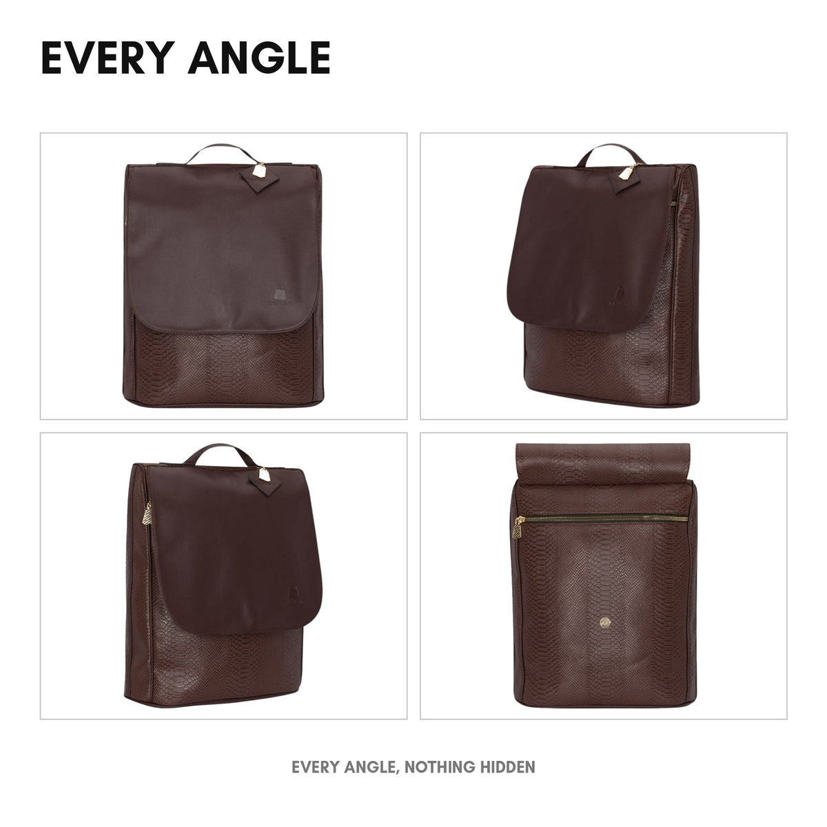 Signature Weekender Backpack in Chocolate - every angle: front, side, back and interior