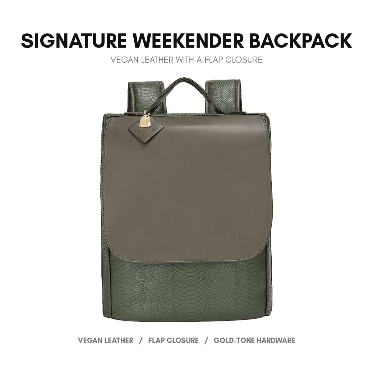 Signature Weekender Backpack in Olive - premium vegan leather, flap-over closure, adjustable padded straps