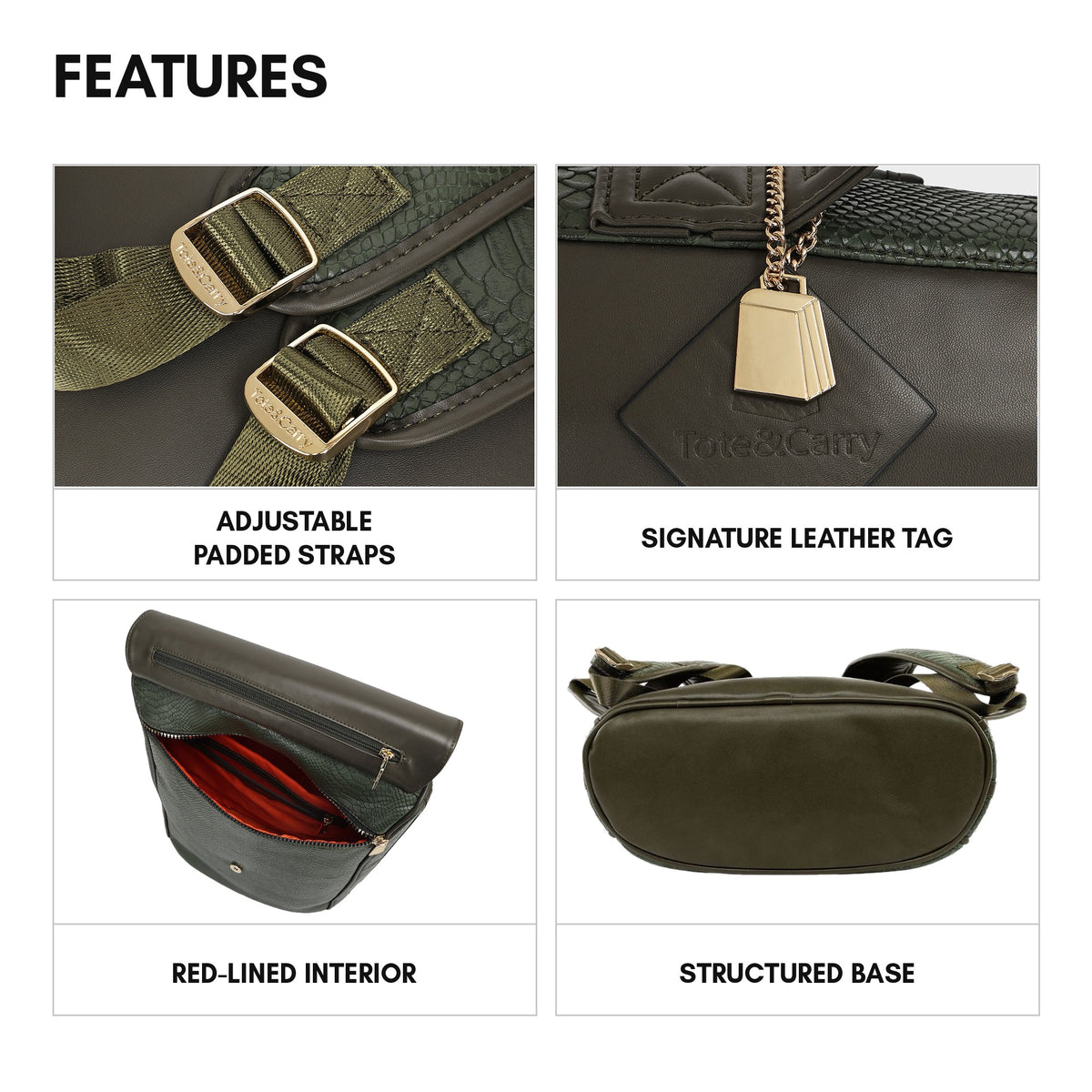 Signature Weekender Backpack in Olive - features: adjustable padded straps, signature leather tag, red-lined interior, structured base