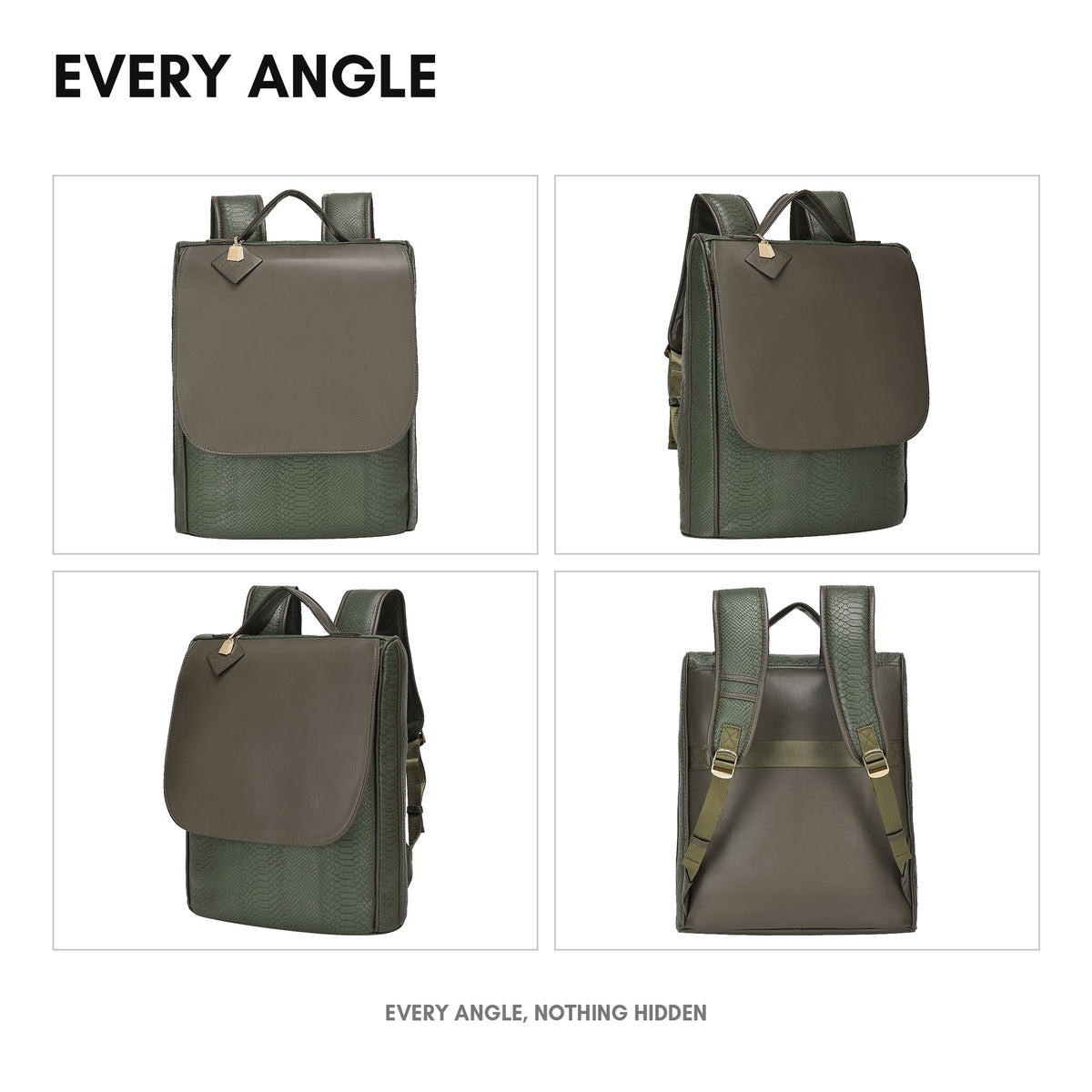 Signature Weekender Backpack in Olive - every angle: front, side, back and interior