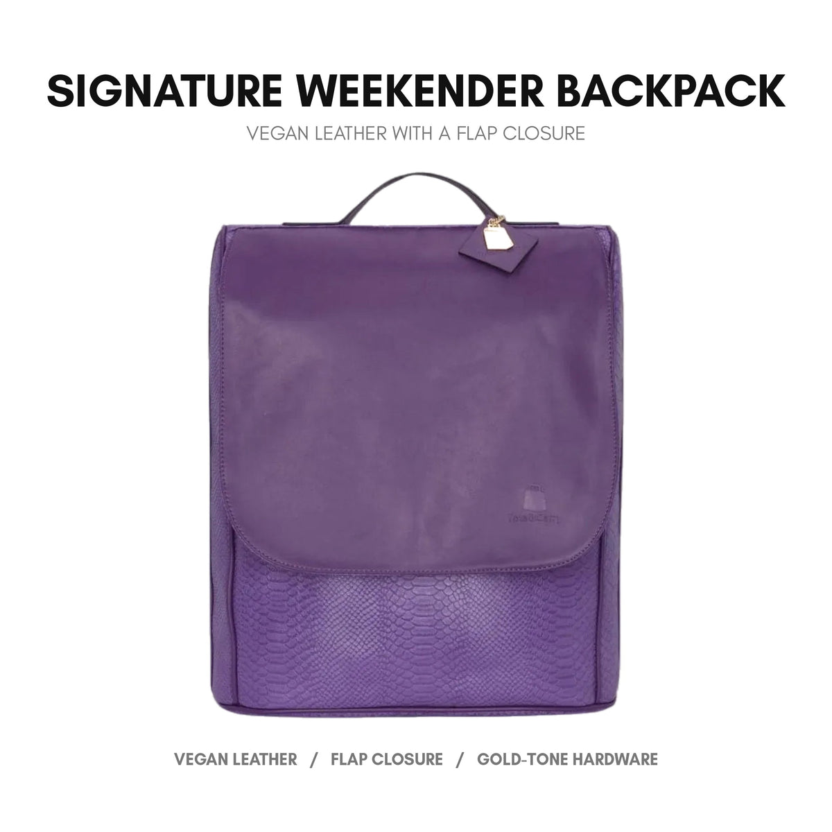 Signature Weekender Backpack in Purple - premium vegan leather, flap-over closure, adjustable padded straps