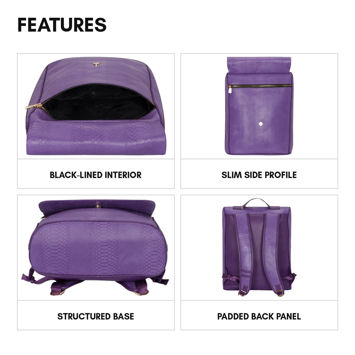 Signature Weekender Backpack in Purple - features: black-lined interior, slim side profile, structured base, padded back panel