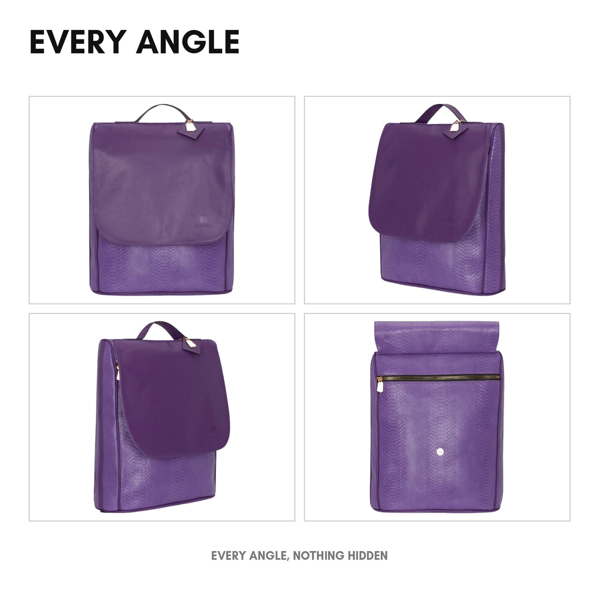 Signature Weekender Backpack in Purple - every angle: front, side, back and interior