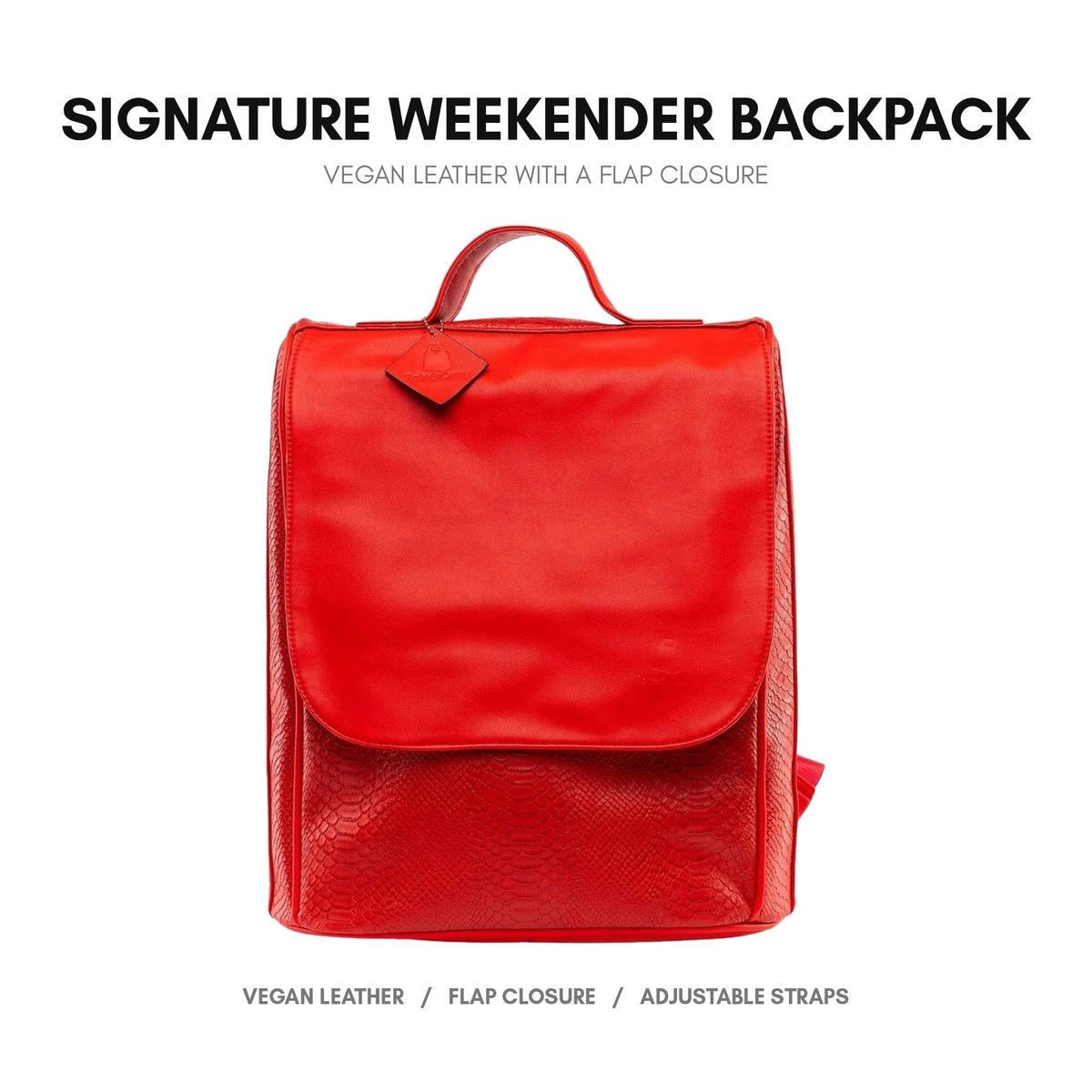 Signature Weekender Backpack in Red - premium vegan leather, flap-over closure, adjustable padded straps