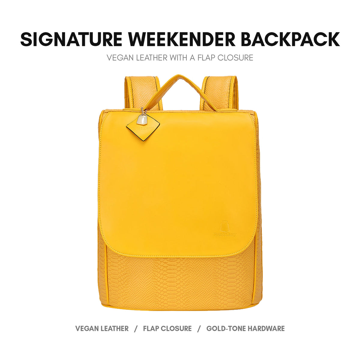 Signature Weekender Backpack in Sunflower Yellow - premium vegan leather, flap-over closure, adjustable padded straps