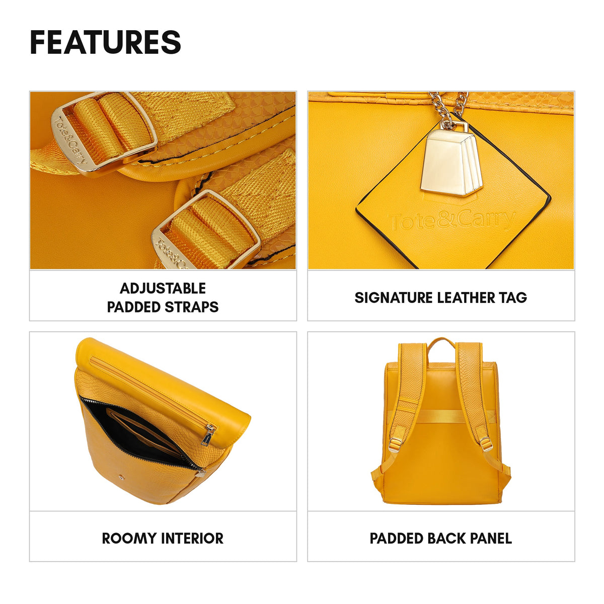 Signature Weekender Backpack in Sunflower Yellow - features: adjustable padded straps, signature leather tag, roomy interior, padded back panel