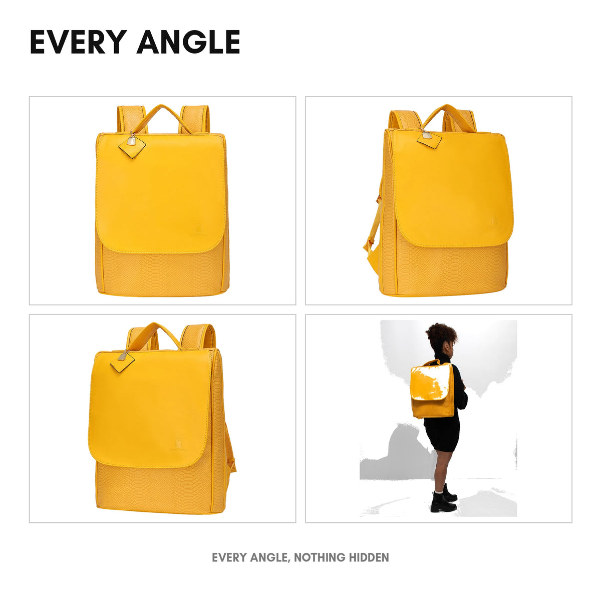 Signature Weekender Backpack in Sunflower Yellow - every angle: front, side, back and interior
