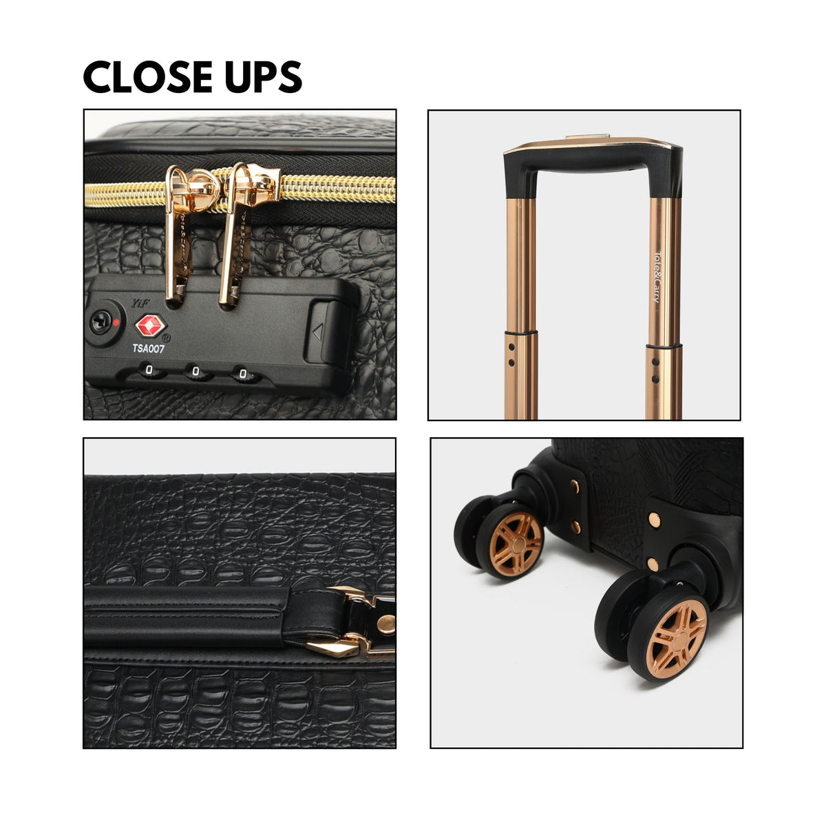 Tote&Carry Statement 2-Piece Luggage Set in Black — close up details, lock and wheels