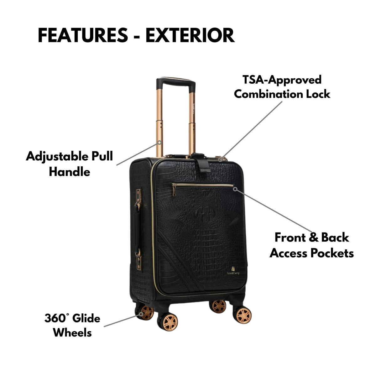 Tote&Carry Statement 2-Piece Luggage Set in Black — exterior features, TSA lock and 360 glide wheels