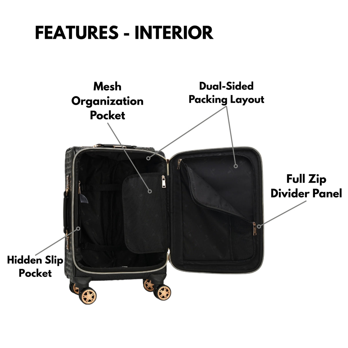 Tote&Carry Statement 2-Piece Luggage Set in Black — interior features, mesh pocket and divider panel