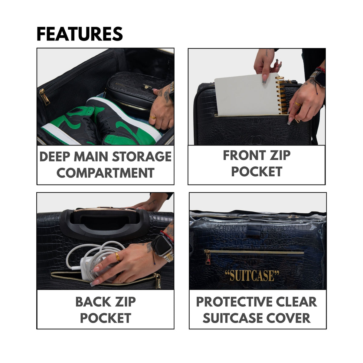 Tote&Carry Statement 2-Piece Luggage Set in Black — storage features and suitcase cover