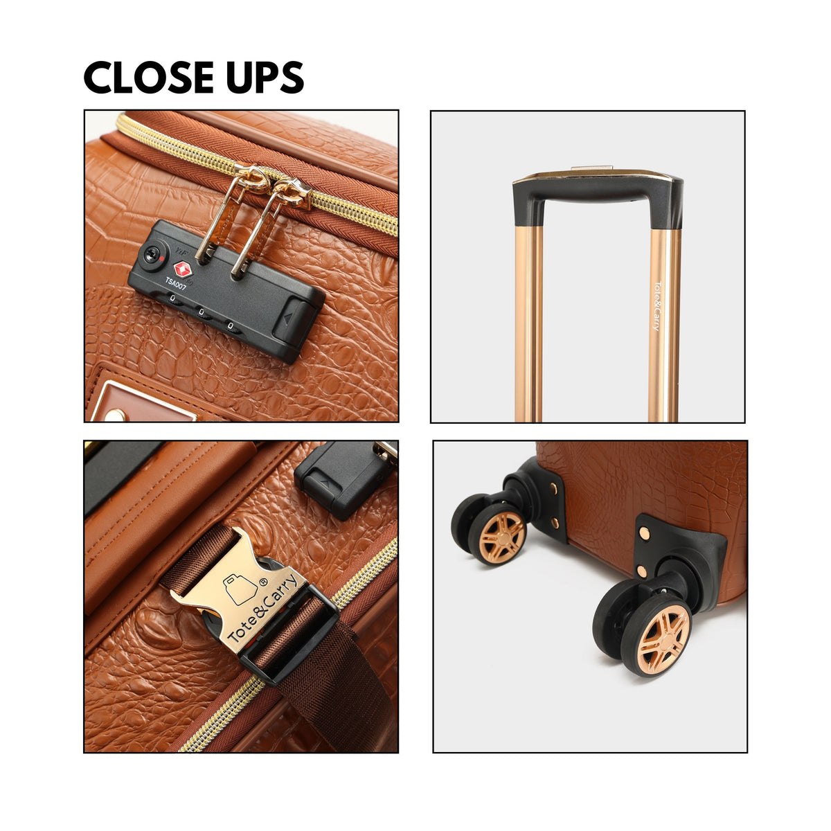Tote&Carry Statement 2-Piece Luggage Set in Caramel — close up details, lock and wheels
