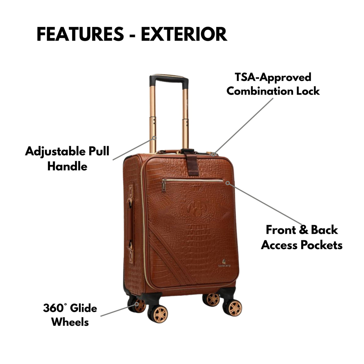 Tote&Carry Statement 2-Piece Luggage Set in Caramel — exterior features, TSA lock and 360 glide wheels