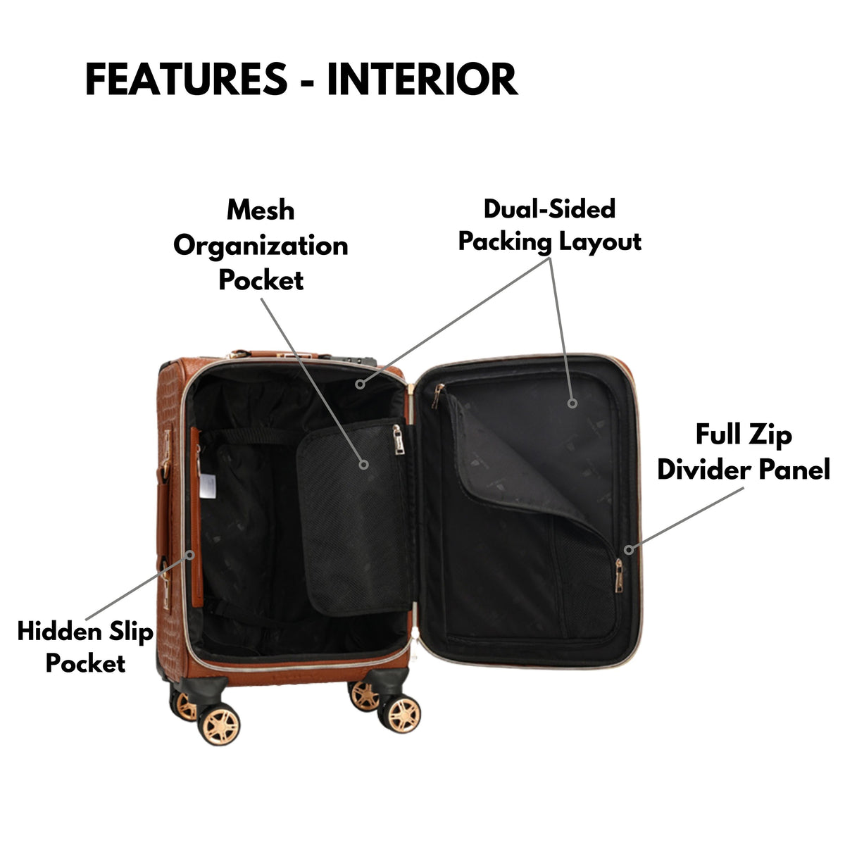 Tote&Carry Statement 2-Piece Luggage Set in Caramel — interior features, mesh pocket and divider panel