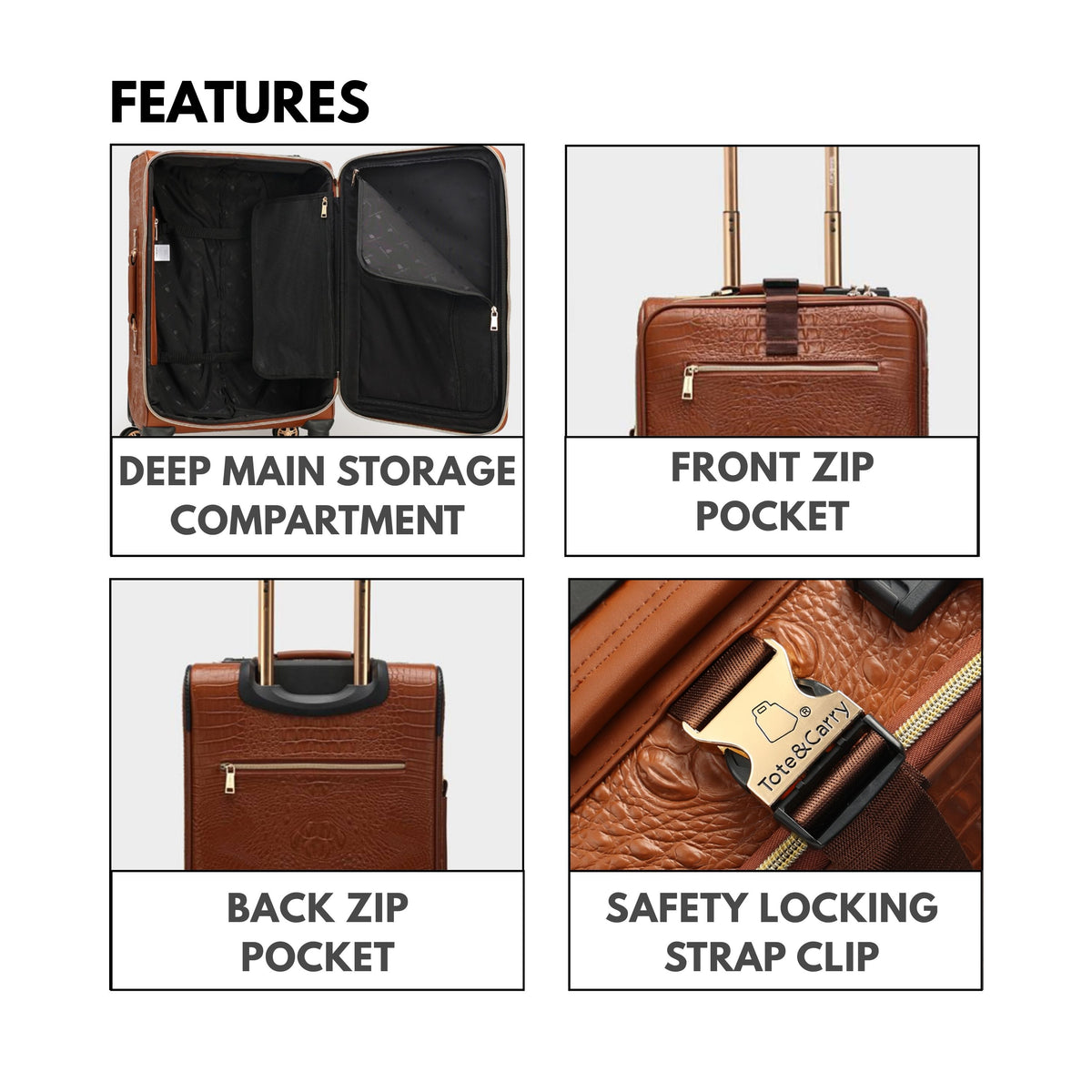 Tote&Carry Statement 2-Piece Luggage Set in Caramel — features, safety locking strap clip