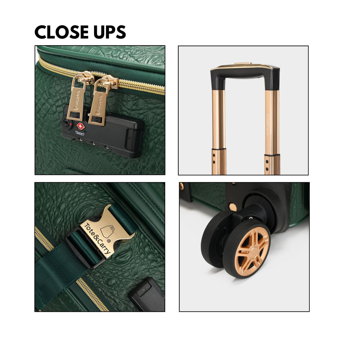 Tote&Carry Statement 2-Piece Luggage Set in Emerald — close up details, lock and wheels