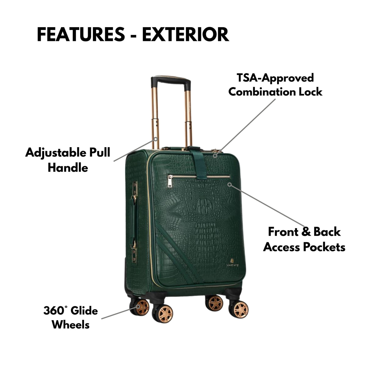Tote&Carry Statement 2-Piece Luggage Set in Emerald — exterior features, TSA lock and 360 glide wheels