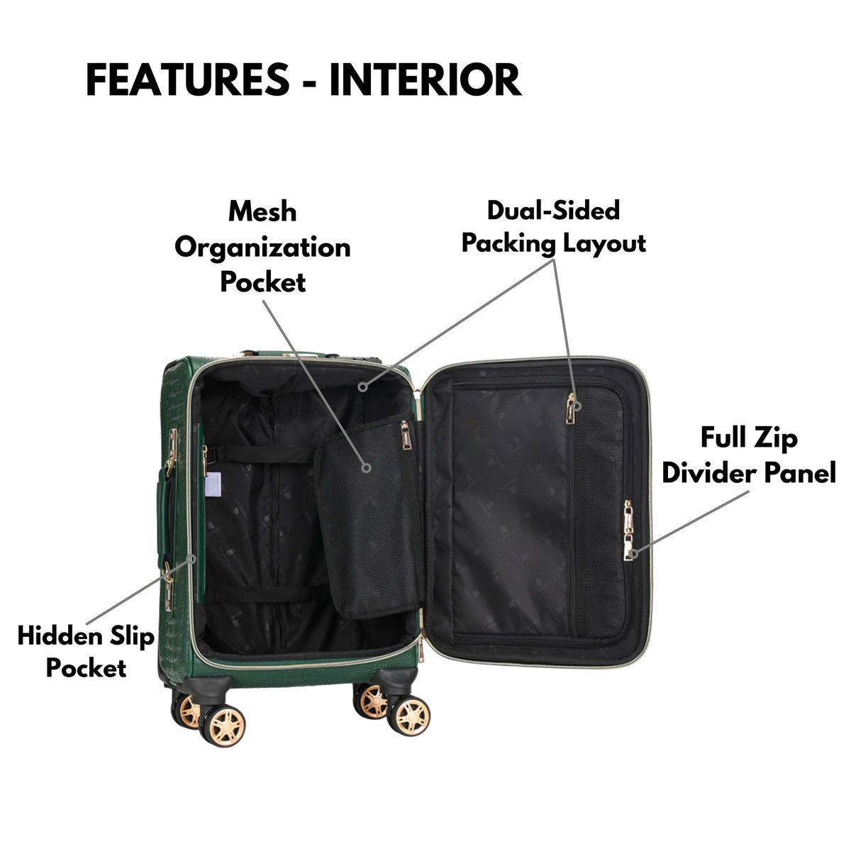 Tote&Carry Statement 2-Piece Luggage Set in Emerald — interior features, mesh pocket and divider panel
