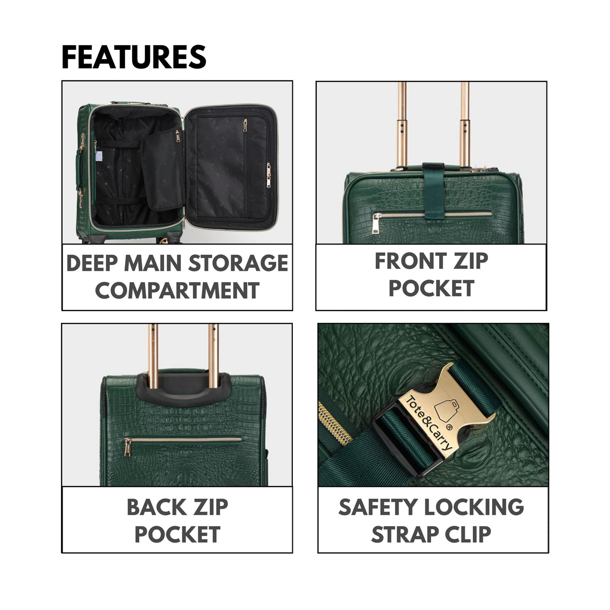 Tote&Carry Statement 2-Piece Luggage Set in Emerald — storage features and safety locking strap clip