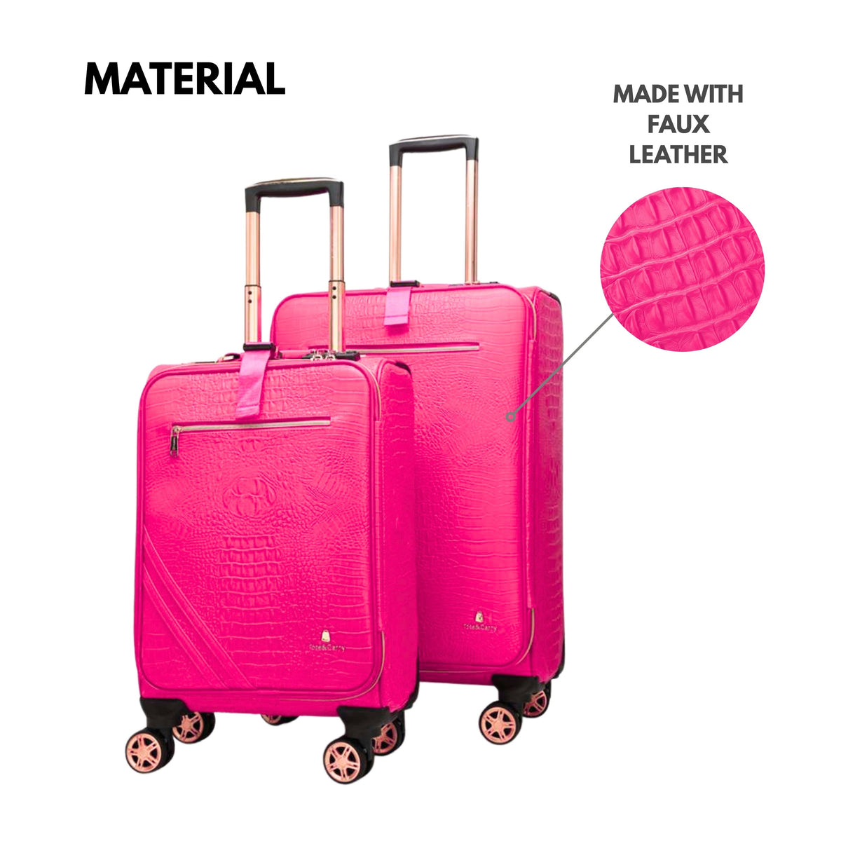 Tote&Carry Statement 2-Piece Luggage Set in Neon Pink — material detail, faux leather