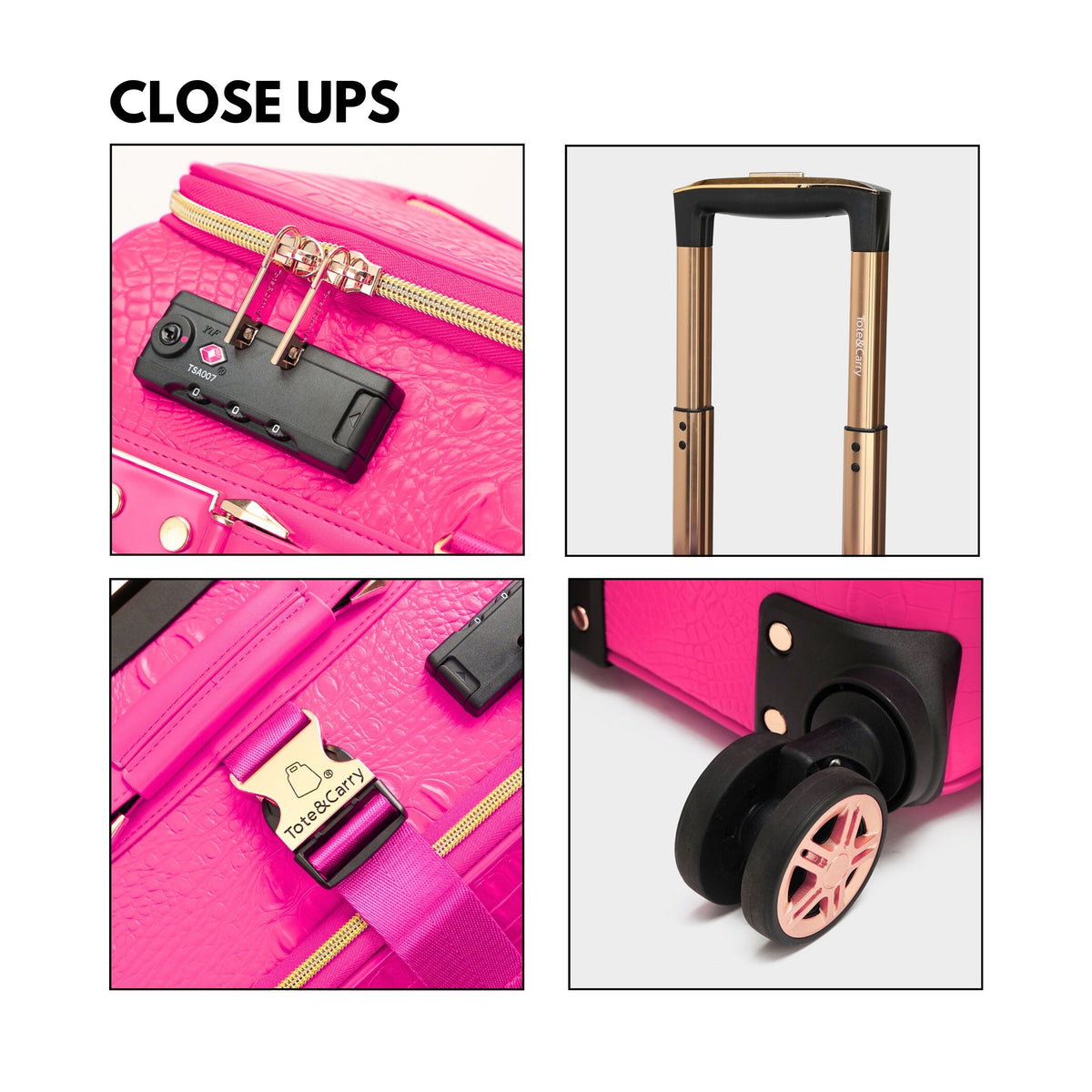 Tote&Carry Statement 2-Piece Luggage Set in Neon Pink — close up details, lock and wheels