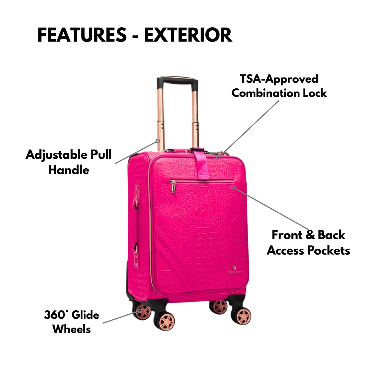 Tote&Carry Statement 2-Piece Luggage Set in Neon Pink — exterior features, TSA lock and 360 glide wheels