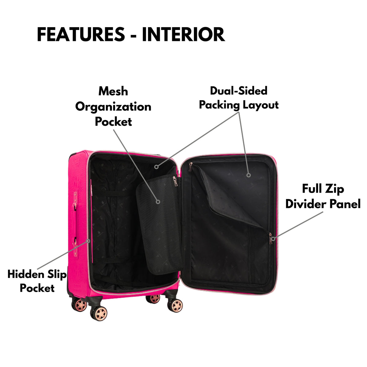 Tote&Carry Statement 2-Piece Luggage Set in Neon Pink — interior features, mesh pocket and divider panel