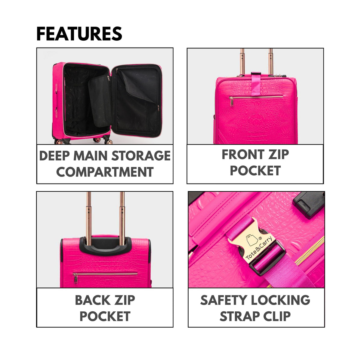Tote&Carry Statement 2-Piece Luggage Set in Neon Pink — storage features and safety locking strap clip