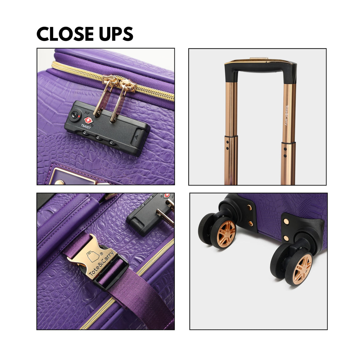 Tote&Carry Statement 2-Piece Luggage Set in Purple — close up details, lock and wheels