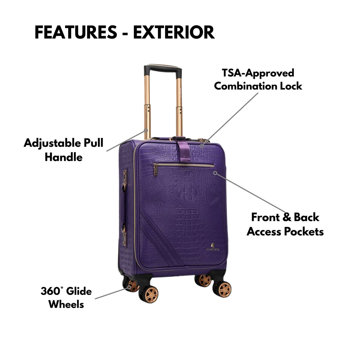 Tote&Carry Statement 2-Piece Luggage Set in Purple — exterior features, TSA lock and 360 glide wheels