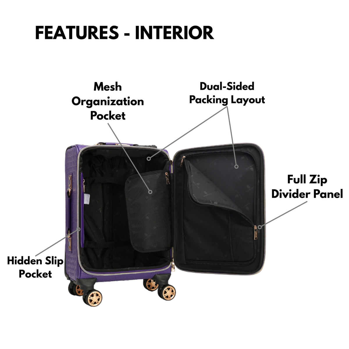 Tote&Carry Statement 2-Piece Luggage Set in Purple — interior features, mesh pocket and divider panel
