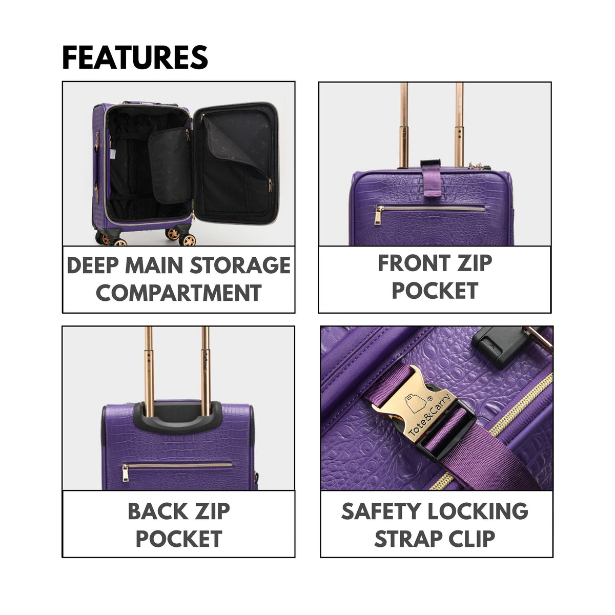 Tote&Carry Statement 2-Piece Luggage Set in Purple — storage features and safety locking strap clip
