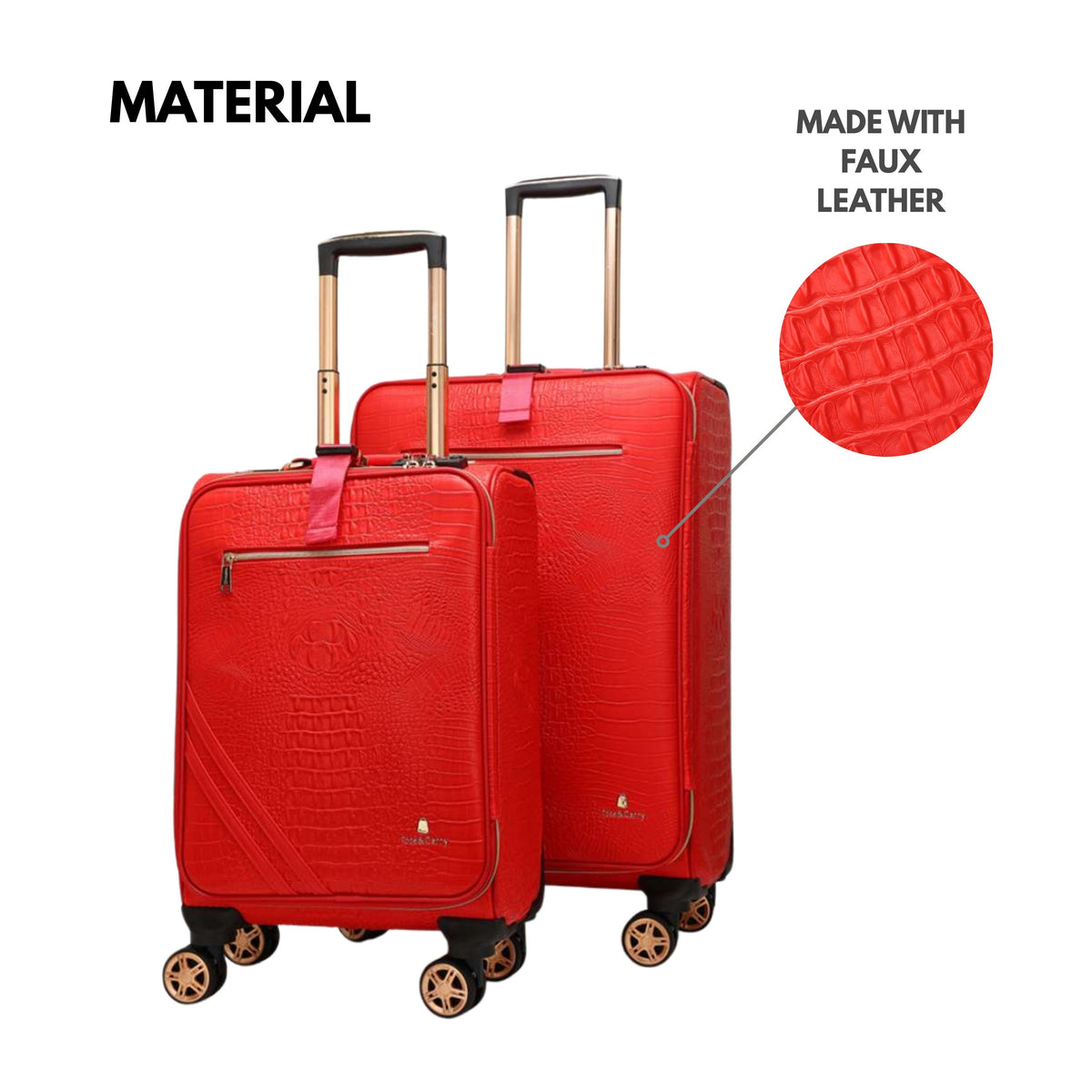Tote&Carry Statement 2-Piece Luggage Set in Red — material detail, faux leather