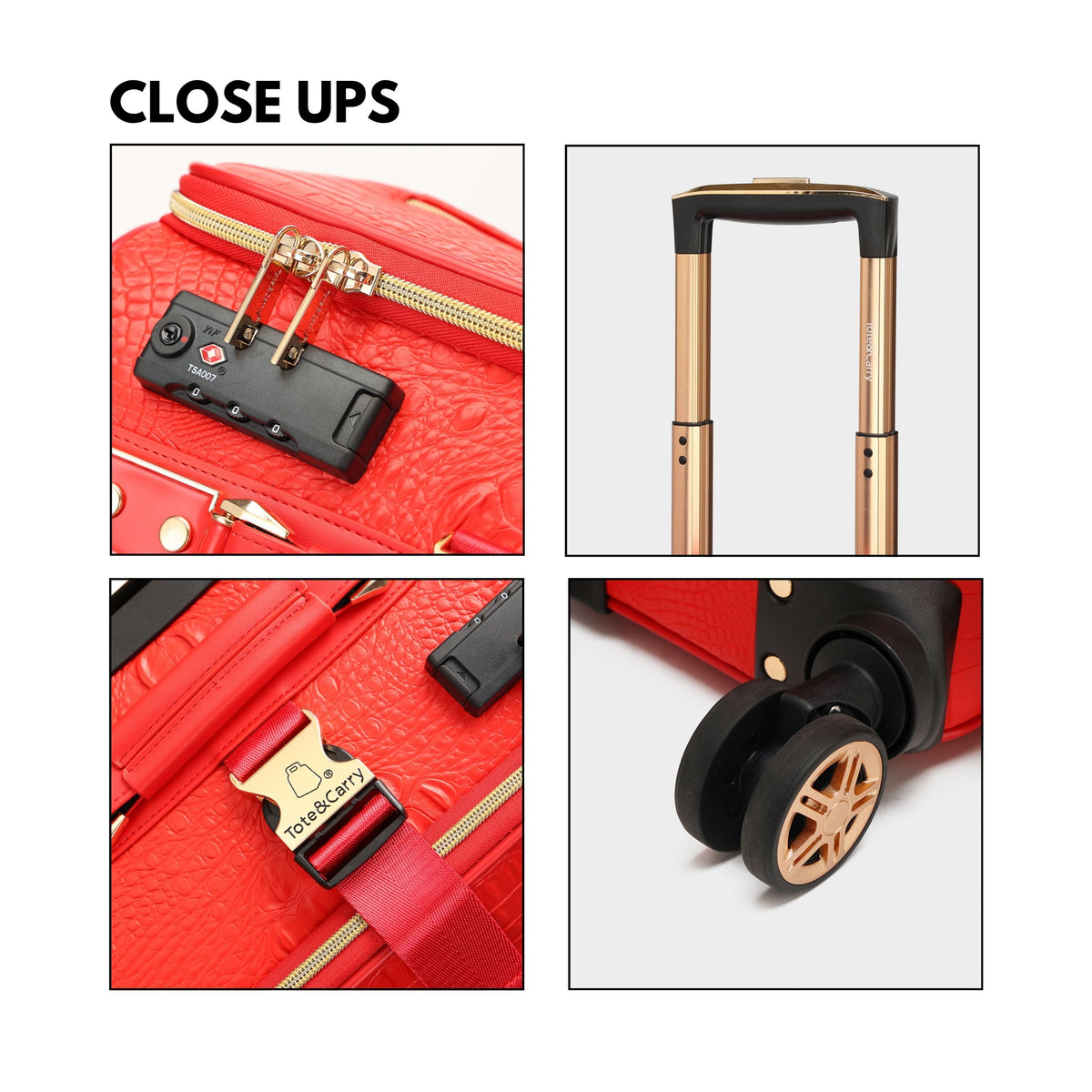 Tote&Carry Statement 2-Piece Luggage Set in Red — close up details, lock and wheels