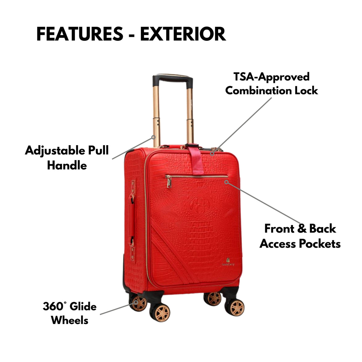 Tote&Carry Statement 2-Piece Luggage Set in Red — exterior features, TSA lock and 360 glide wheels