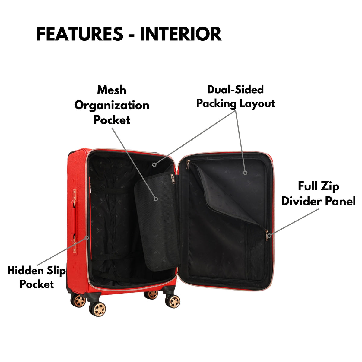 Tote&Carry Statement 2-Piece Luggage Set in Red — interior features, mesh pocket and divider panel