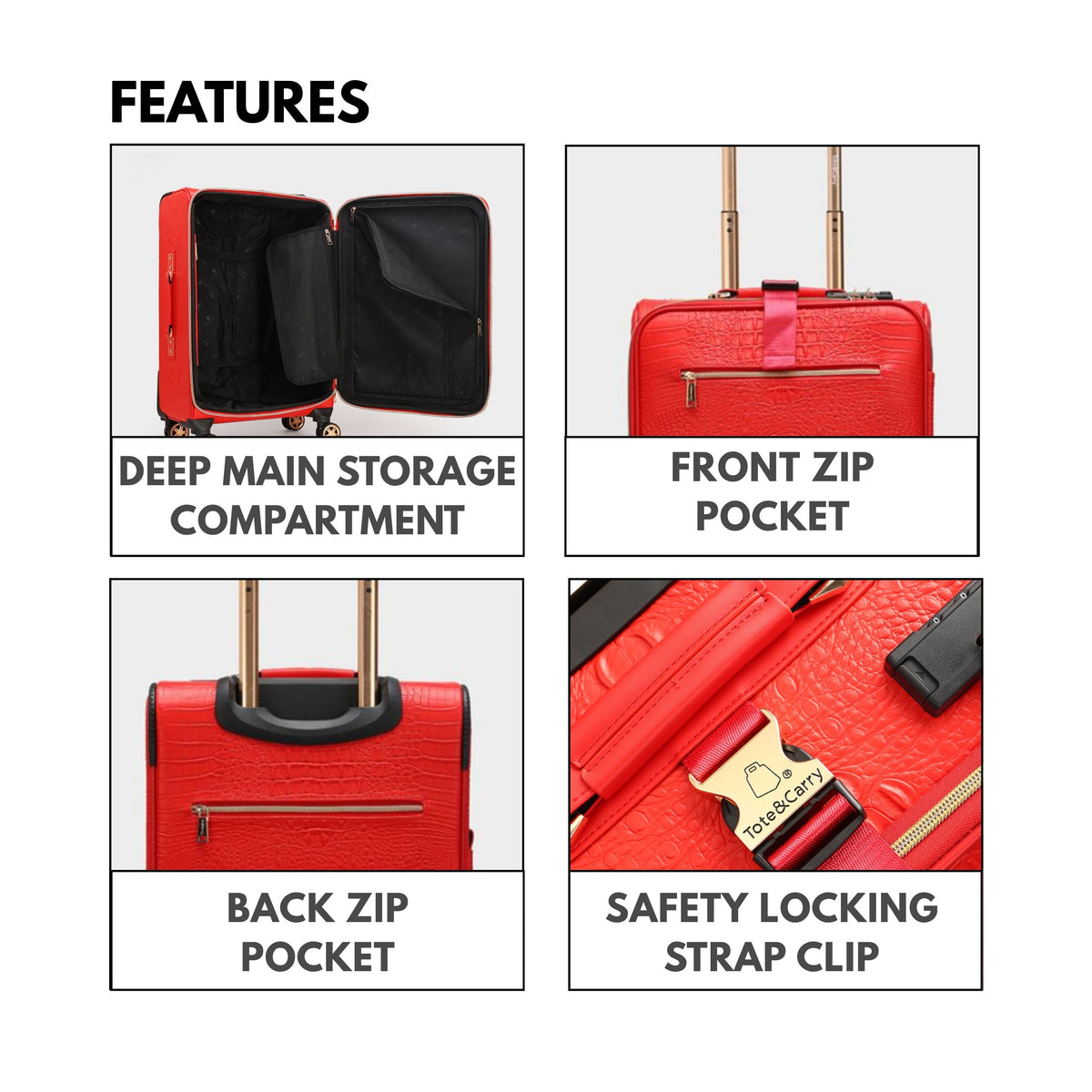 Tote&Carry Statement 2-Piece Luggage Set in Red — storage features and safety locking strap clip