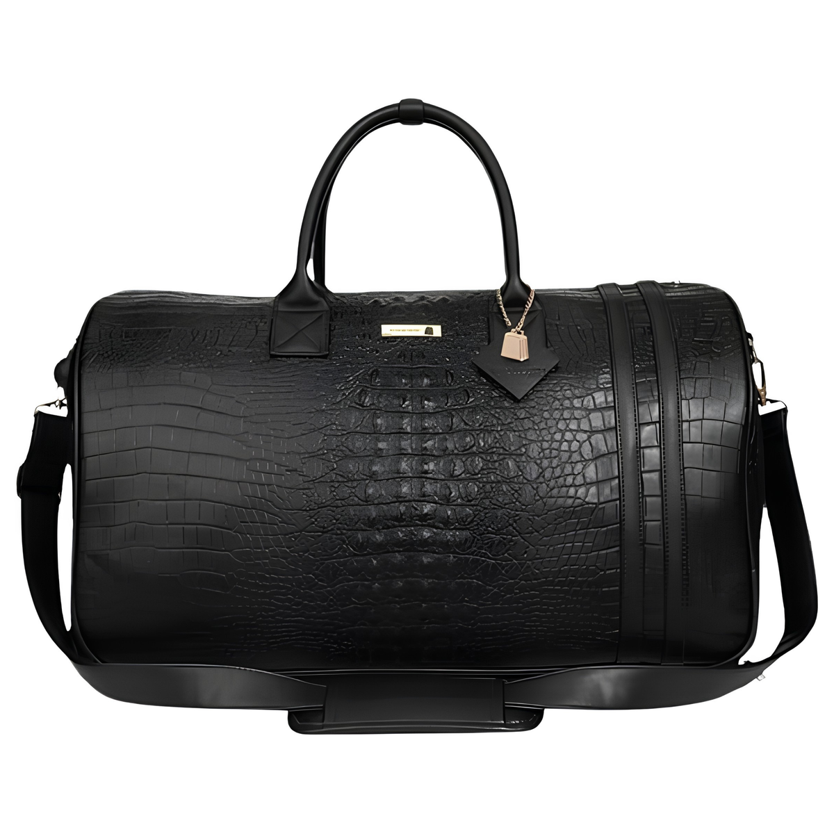 Tote&Carry Statement Rolling Duffle Bag in Black — crocodile-embossed vegan leather duffle with wheels