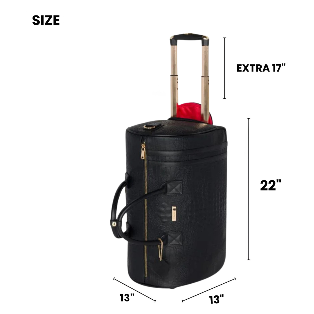 Statement Rolling Duffle in Black size guide — 22 x 13 x 13 inches with 17 inch retractable handle