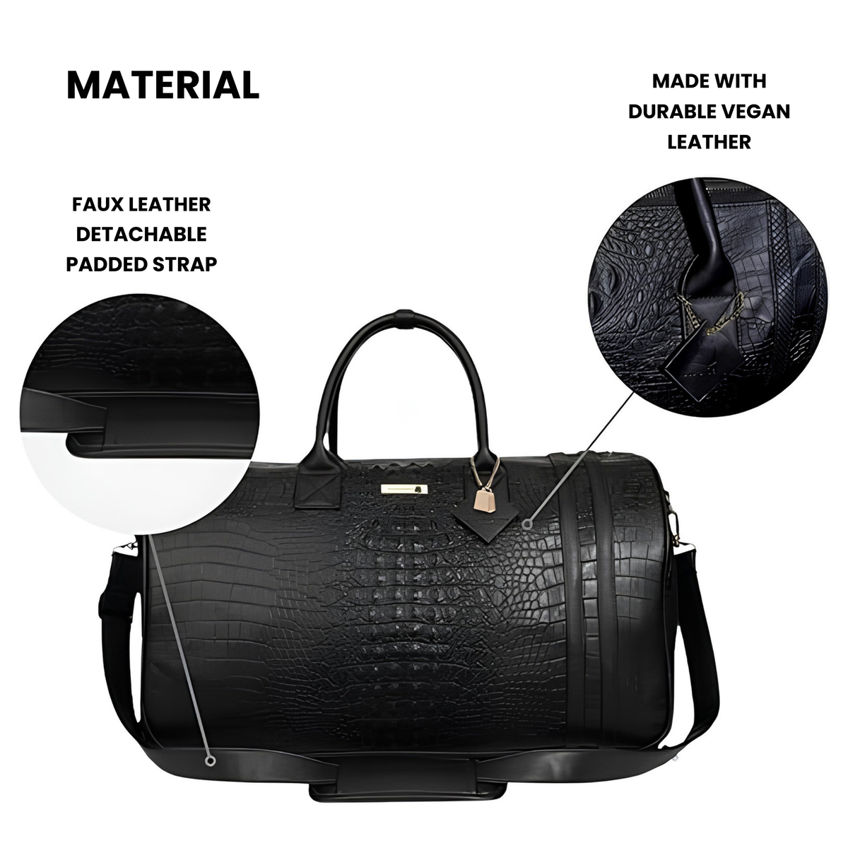 Statement Rolling Duffle in Black material detail — durable vegan leather and detachable padded strap