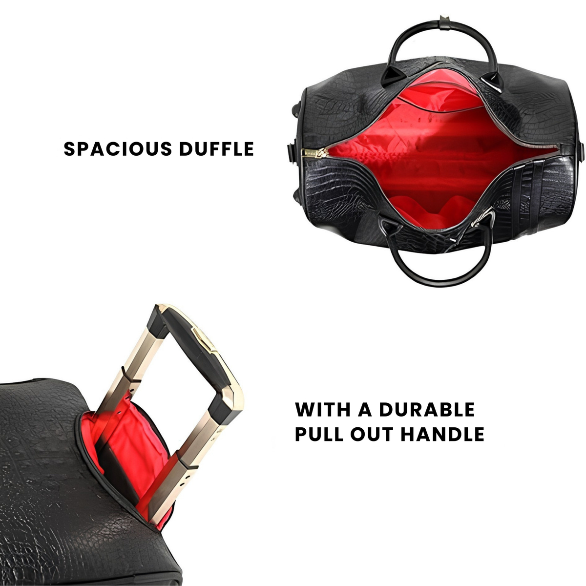 Statement Rolling Duffle in Black spacious interior and durable pull-out handle