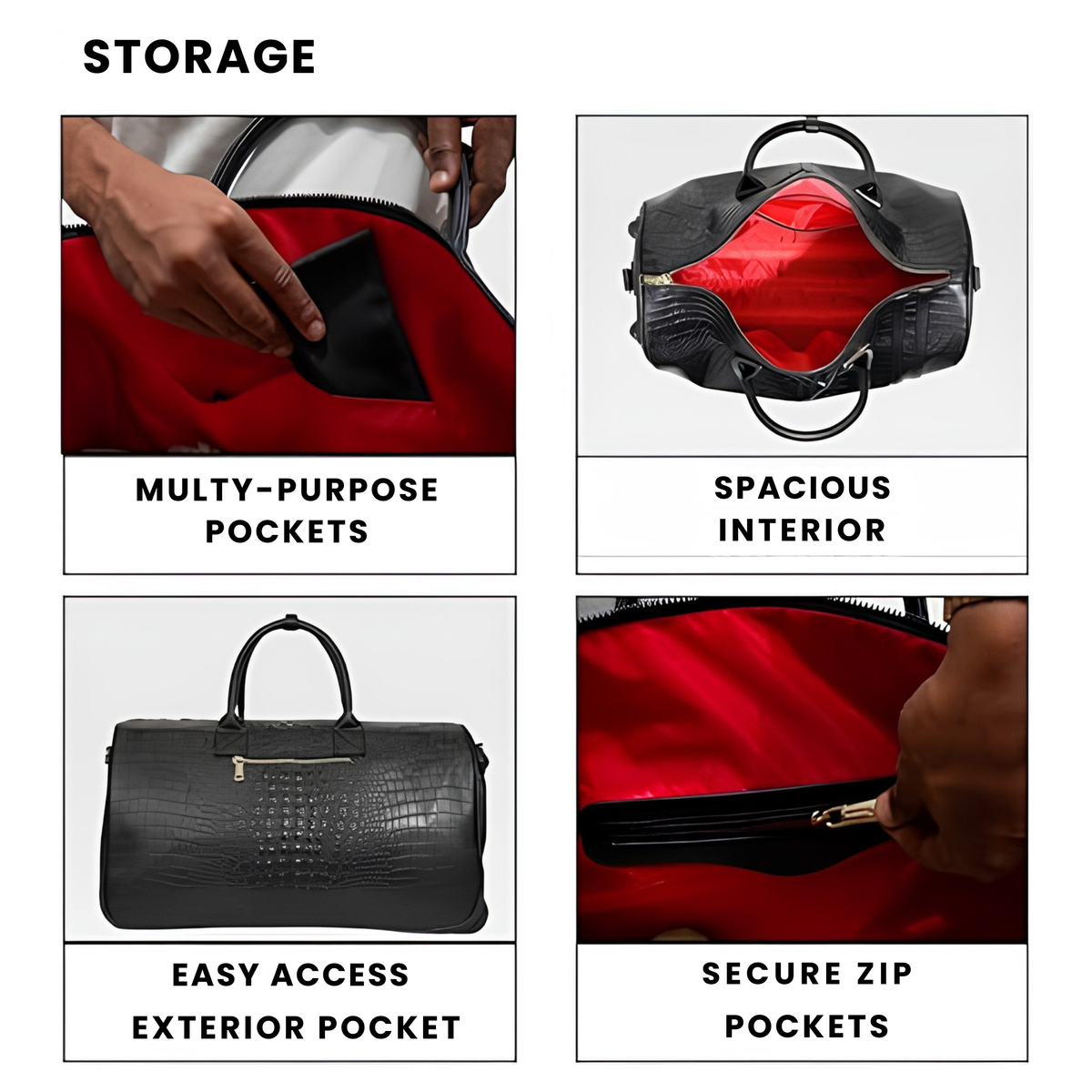 Statement Rolling Duffle in Black storage — buttoned handles, spacious interior, exterior pocket, secure zip pockets