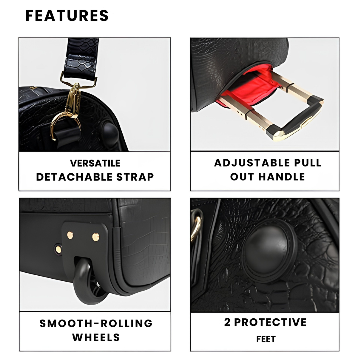 Statement Rolling Duffle in Black features — detachable strap, adjustable pull-out handle, smooth-rolling wheels, protective feet